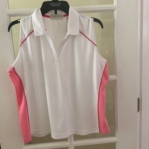 Tehama Womens Athletic Sports top White with Pink Knit Sleeveless Sz XL EUC